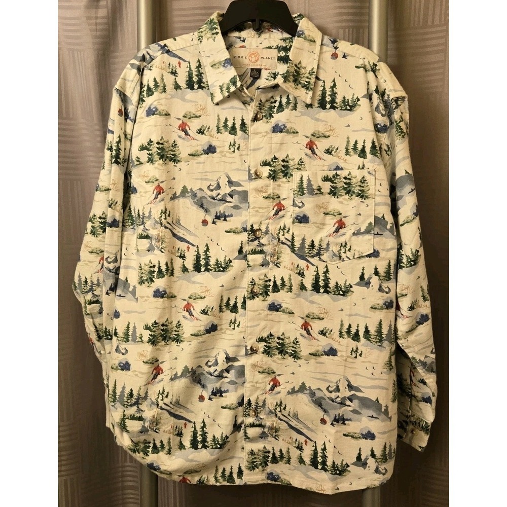 Free Planet Mens Relaxed Fit Skiing Print Flannel Shirt Size Large L